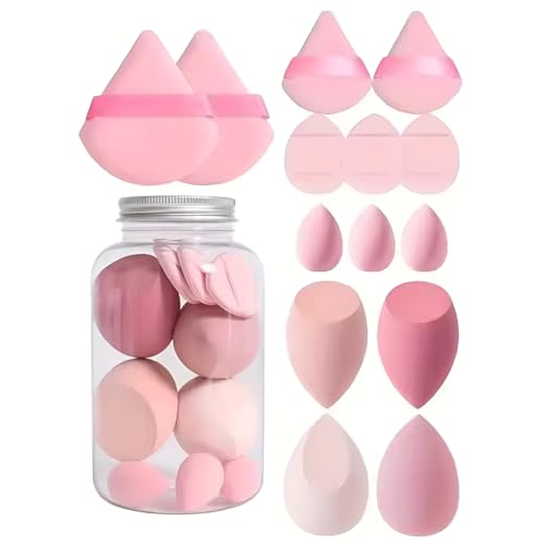 Avtrade Multicolor 14Pcs Beauty blender and Makeup Sponge Set Super Soft Fine Texture Powder Puff & Latex-Free Hypoallergeninc Reusable Beauty Blenders for wet and dry use with Storage Jar (pink)
