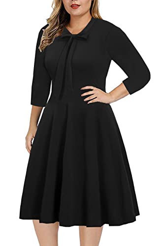 BEDOAR Women's Plus Size Dress Vintage Bow Tie Neck Casual Business Work Knee Length A-line Dresses with Pockets2