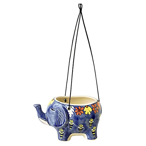 Image of ExclusiveLane 'The Bee Collective' Handpainted Ceramic Hanging Planters for Balcony for Indoor Plants (Blue, 8.9 * 5.3 * 4.9Inch), (L * W * H) = (8.9 * 5.3 * 4.9) Inch (EL-021-131)