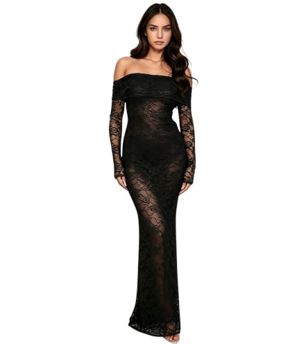 Image of PORRCEY Women's Sexy Rhinestone Lace Sheer Mesh Formal Evening Dress