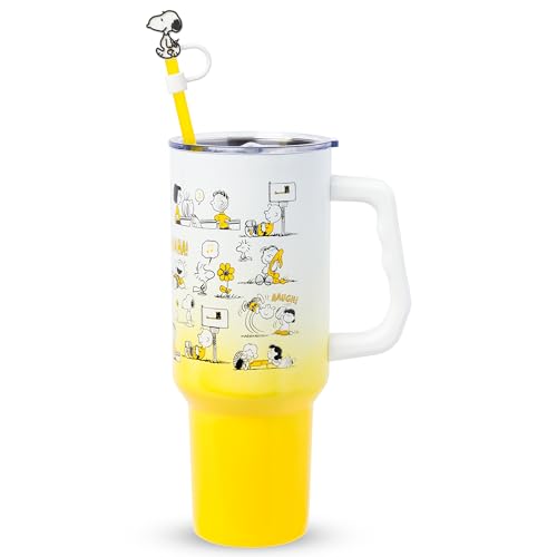 Silver Buffalo Peanuts Iconic Scenes Charlie Brown, Snoopy, Woodstock, Lucy, Sally, Linus Double Walled Stainless Steel Tumbler with Handle, Straw, & Straw Cap, Fits in Standard Cup Holder, 40 Ounces