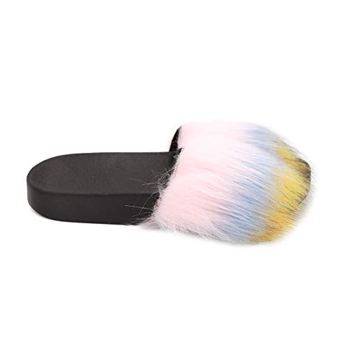 surell - Womens Faux Fox Fur Strap Slippers - Fluffy Furry Soft Footwear Slides for Indoor Outdoor Use - Soft Comfortable Shoes - Fuzzy Rainbow Striped Vacation Slide (Size 6, Blue/Yellow/Pink)2
