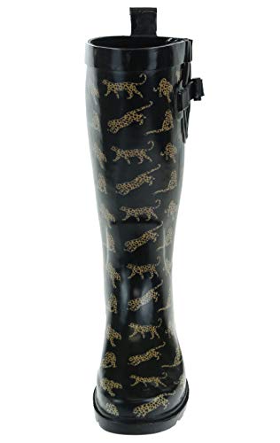 Capelli New York Shiny Fancy Cheetahs Printed with Buckle, Gusset & Back Pull Loop Ladies Tall Sporty Body Rubber Rain Boot Black Combo Size 7
