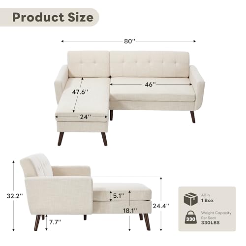 Image of Kingfun L Shaped Couch, 80 inch W Mid-Century Modern Sofa, Sectional Couches, 3 Seater Sofas with Wide Chaise Lounge, Button Tufted Upholstered Sectional Sofa for Living Room, Bedroom, Beige