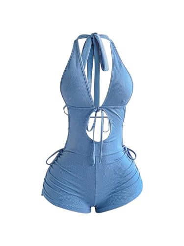 Milumia Women Deep V Neck Halter Romper Sexy Backless Y2k Going Out Vacation Short Jumpsuits Blue Small
