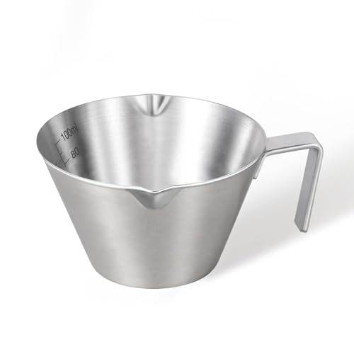 carrottimes Tazas de Espresso de Acero Inoxidable,Accesorios de Espresso,Taza Medidora de Metal con Doble Pico y Escala,Taza de Espresso con Mango, para Pesar Granos de Café (Plateado),3.4OZ/100ML