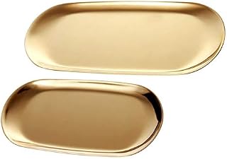 2 Pcs Stainless Steel Cosmetics Tray, Dessert Candy Dish Tea Coffee Cup Plate, Storage Tools for Jewelry Bathroom Vanity Towels Holder (Gold)