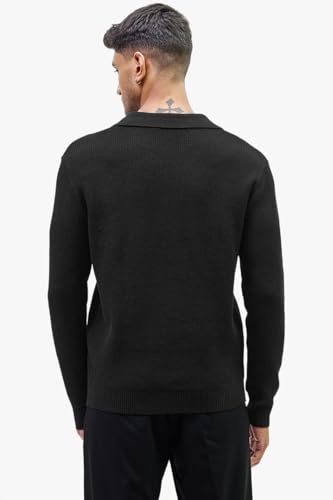 Image of SNITCH Men's Textured| Self-Design Sweaters | Casual Wear| College Wear Streetwear Style | Acrylic Blend Polo Full Sleeve Slim Fit Black