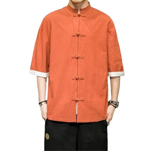 XJRJ Kimono Jacket Men Traditional Chinese Clothing Linen Hanfu Top Long Sleeve Tang Suit Kung Fu Shirt Orange L