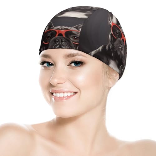 Badekappe, hohe Elastizität, französische Bulldogge, Langhaar, Schwimmkappe für Erwachsene, wasserdicht, rutschfest, für Damen, Stoff-Badekappe