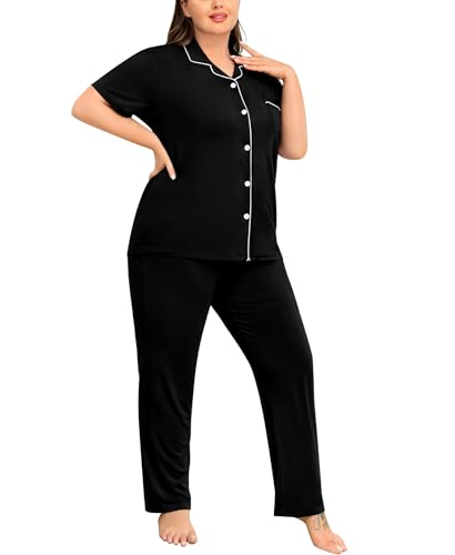 SWOMOG Women's Plus Size Pajama Set Short Sleeve Sleepwear Top and Pants Button Up Pajamas for Women Loungewear3