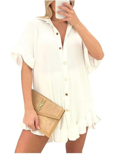 Zaif & Hari Womens Casual Ruffle Frill Pleated Gold Button Shirt and Short Set Ladies Summer Frill Cycling Shorts 2 piece shorts set women Co ord Sets UK-White