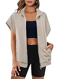 Fisoew Women's Zip Up Sweatshirts Sleeveless Oversized Casual Solid Color Sweatshirt with pockets Khaki