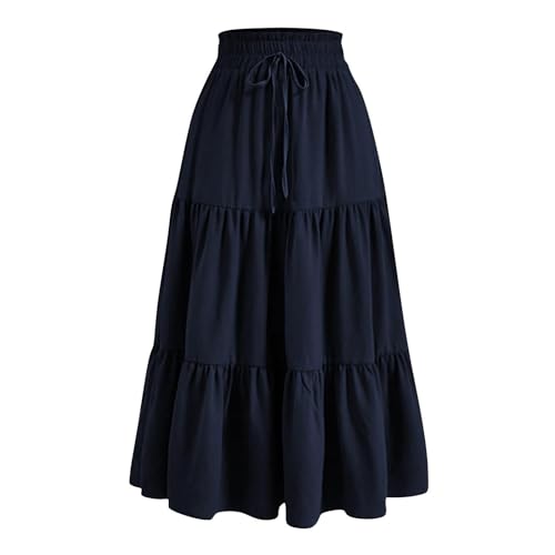 Summer Long Skirts for Women Casual Drawstring High Waist Lightweight Tiered Flowy Pleated Skirts with Pocket