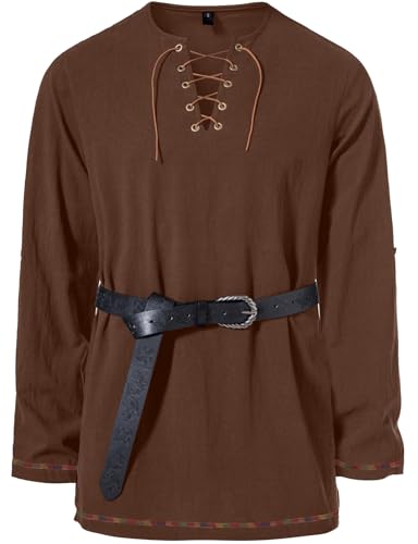 Image of JEMITOP Men's Pure Cotton Vintage Lace Up Shirts for Pirate Renaissance Viking Medieval Costume Without Belt