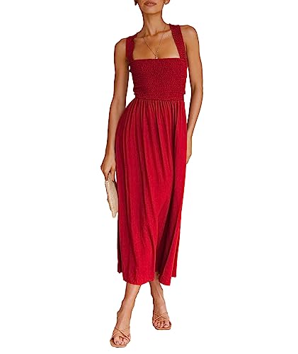Image of Sexyshine Women's Square Neck Halter Lace Up Criss Cross Maxi Dress Tie Back Sleeveless Smocked Ruched A Line Dress