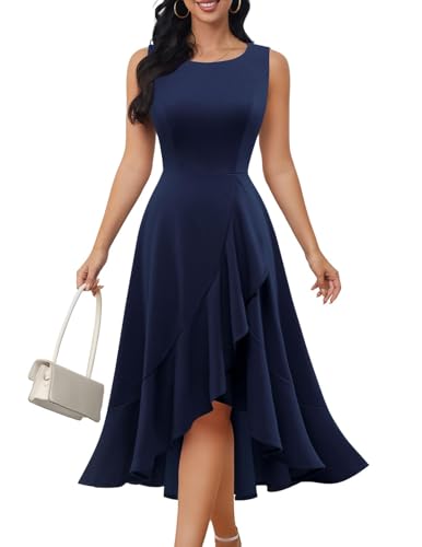 DRESSTELLS Cocktaikleid Damen Hochzeitsgast Festliche Etuikleid Elegant Vintage Curvy Partykleid Dunkelblau Hoch-Tief Abendkleid Kurz Sommer Schickes...