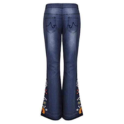 Bell Bottom Jeans Women Floral Embroidered Jeans Stretch High Waisted Flare Jean Button Fly Y2K Wide Leg Denim Pants(Dark Blue,3X-Large)4