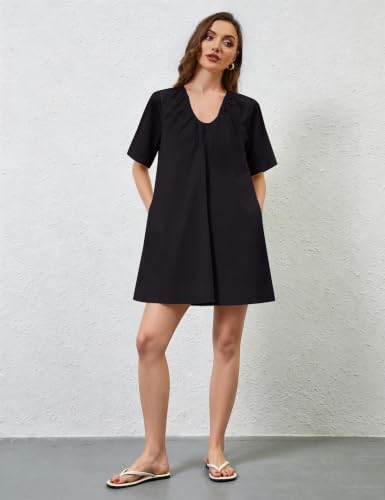 Image of Women Summer Sleeveless Babydoll Mini Dress Scoop Neck Loose Fit Tank Dresses Party Ruched Short Dress with Pockets