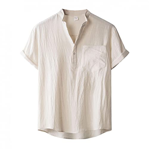 Kanpola Hemd Leinen Hemd Vintage Freizeithemd Sommer Kurzarm Shirt Stehkragen Herrenhemden mit Knopf Einfarbig Basic Shirts Leicht Bequem Sommerhemden für Urlaub Camping Cover
