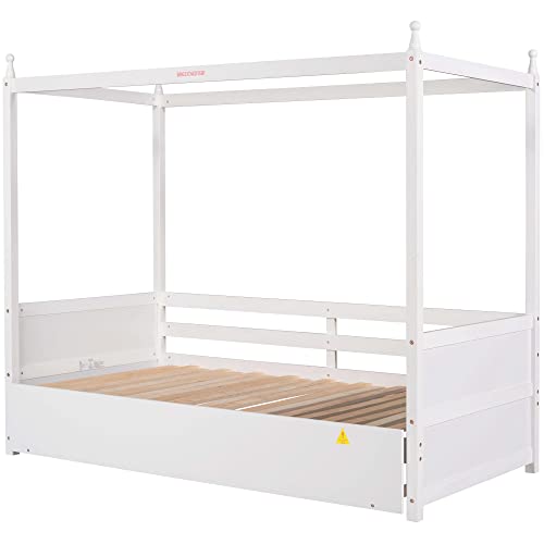 Merax Wood Canopy Bed With Trundle, Extendable Daybed Frame With Pull-Out Platform Bed For Kids Teens And Adults White #TOP5