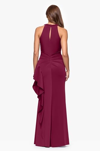 Image of Xscape Evenings Women's Long, Bodycon Low-Sheen Cross Front Halter Neck Evening Dress with Ruching & Ruffle Detail