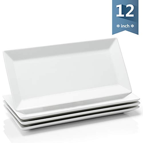 Sweese 705.101 12 Inch Porcelain Rectangular Plates, White Serving Trays for Parties