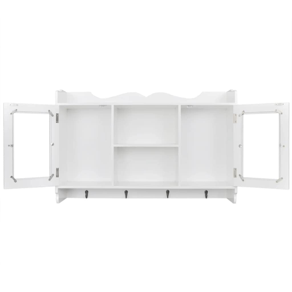 Weißer Hängeschrank 68x17x44 cm Glas 2 Tür MDF Wandregal Küche Flur 4 Haken Modern