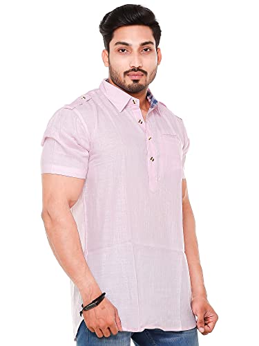 Image of Mens Cotton Linen Half Sleeve Plus Size Short Kurta