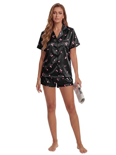 Image of LYANER Women's Satin Silky Pajamas Set Short Sleeve Button Shirt with Shorts Pjs Sleepwear Loungewear