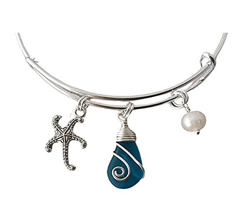 YInahawaii Handmade wire wrapped teal blue sea glass bracelet, starfish charm, (Hawaii Gift Wrapped, Customizable Gift Message)