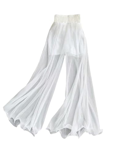 OYOANGLE Women's Shirred High Waisted Sheer Pants Ruffle Flowy Wide Leg Palazzo Trousers