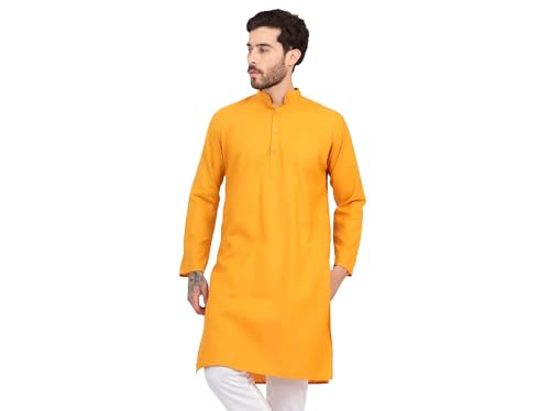 Image of Men's Cotton Blend Blend Knee Length Solid Color Style Stright Long Mandrin Collor Ethnic Casual Wear Kurta Only