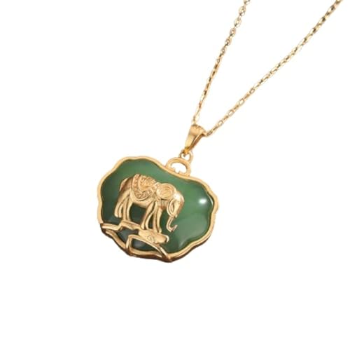 LINOXE 18" Jade Elephant Pendant Necklace Charm 18K Gold Plated