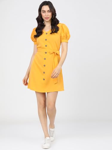 Image of Tokyo Talkies Women's Playful Mini A-Line Dress with Button-Front & Drawstring Sleeves
