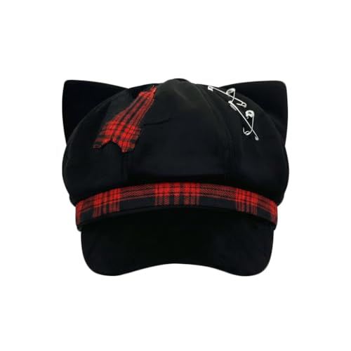 [ボズとガルヤ] キャスケット レディース 猫みみ チェック柄 ベレー帽子 画家帽 ファッション ゴシック風 地雷系 原宿パンク ロリータ uvカット 小顔効果 防寒 ハンチング帽 可愛い 柔らかい 日常 旅行 クリスマス