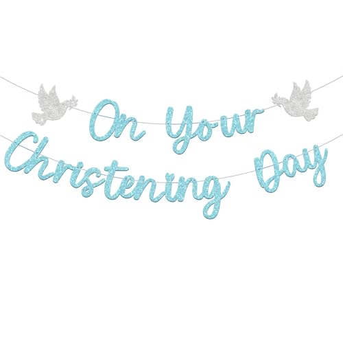 Blue Christening Banner Decorations for Boys Glittering on Your Christening Day DIY Baptism (Blue)
