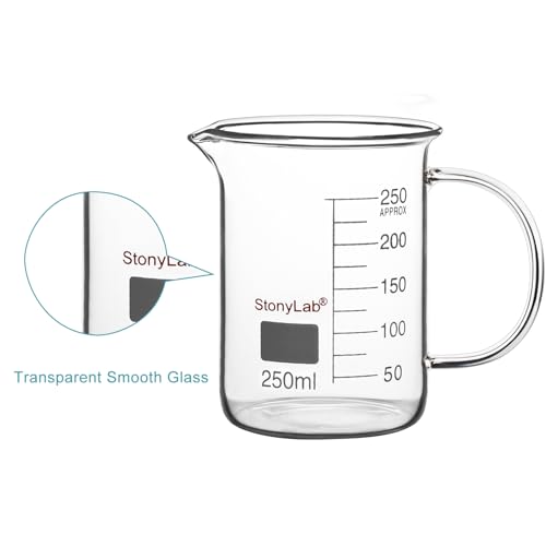 Image of stonylab Glass Beaker with Handle, Borosilicate Glass Graduated Low Form Griffin Beaker with Handle and Pouring Spout, 250 ml