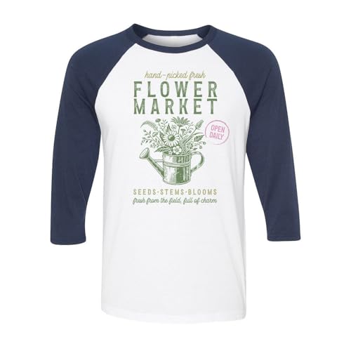 Flower Market Vintage Farm Sign Three-Quarter Raglan Sleeve Baseball Shirt Unisex Small White/Navy