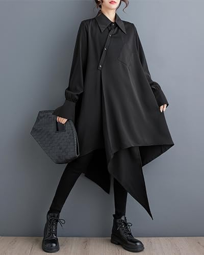 ellazhu Women's Oversized Solid Color Long Sleeve Back Slit Flowy Irregular Hem Shirt GZ1504