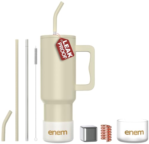 Image of enem Tumbler, Minimal Latte, Tumbler with Metal Straw, Sipper, with Lid Leak Proof, 1 Metal Ice Cube, 1 Copper Spring (Tamba), Base Protector, Mug Travel, 1.2L
