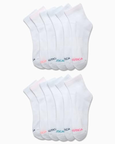 Image of Nautica Womens Quarter Socks Moisture Wicking Cushioned Socks, 12 Pack | Stretch Performance Dri-Motion Fabric, Cushioned with Arch Support, Breathable Mesh Panels, Quarter Cut, Shoe Size 4-10