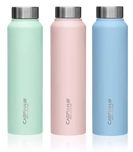 CASPIAN /// Astra Stainless Steel Water Bottle (Mist Green, Light Pink & Sky Blue, 1 Litre, Set of 3)| Leak Proof Thunder for Fridge Home Office Travel School Kids Boys Girls Adults Sports Gym Yoga