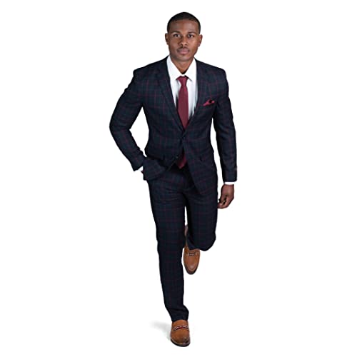 Slim Fit 2 Button Plaid Black & Red Men's Suit Notch Lapel 1675