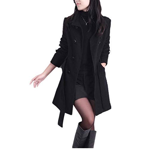 Elonglin Damen Trench Wolljacke Winter Herbst mantel Trenchcoat Zweireiher mit Gürtel Schwarz DE XXS (Asie M)