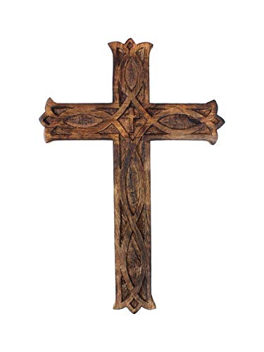 Ajuny Cruz de madera para colgar en la pared, diseño celta, talla religiosa, decoración del hogar, tamaño 30,5 x 20,3 cm