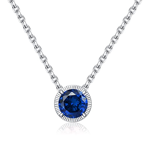 Qings Collier Saphir Pierre de Naissance Argent 925 Septembre Collier Birthstone Bleu Foncé Zirconium Pendentif Solitaire Filles