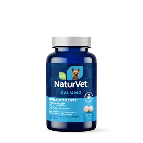NaturVet Quiet Moments Calming Aid Melatonin Dog Supplement – Helps Reduce Stress in Dogs – for Pet Storm Anxiety, Motion Sickness, Grooming, Separation, Travel – 30 Ct. Tablets