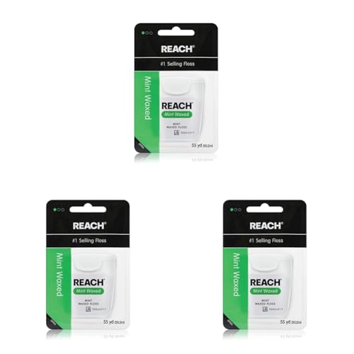 REACH Waxed Dental Floss, Mint, Plaque Remover for Teeth, Shred Resistant, Floss Slides Smoothly, Easy to Use, Waxed, Deep Cleaning Teeth, Oral Care, PFAS Free, for Adults & Kids, 3 Pack, 55 yd