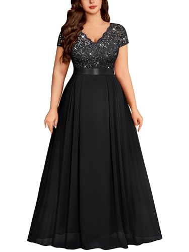 Image of Miusol Women's Plus Size Sequin Floral Lace V Neck Formal Gowns Evening Party Chiffon Maxi Dress